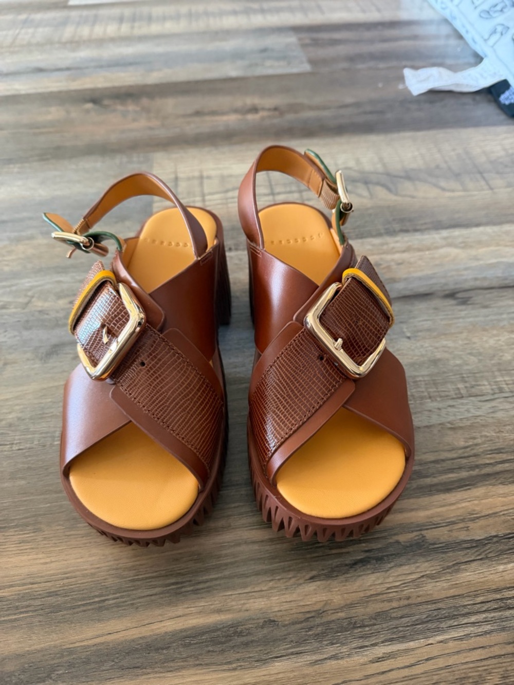 4CCCEES Brown Platform Slingback Sandals with Green Strap and Gold Buckle - Picture 2 of 3